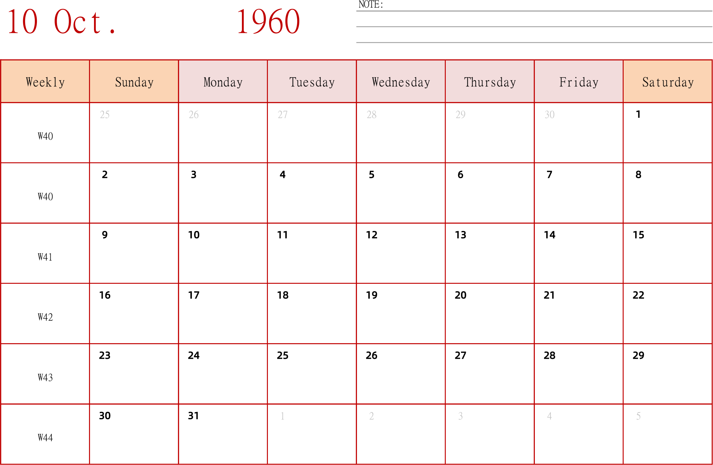 日历表1960年日历 英文版 横向排版 周日开始 带周数